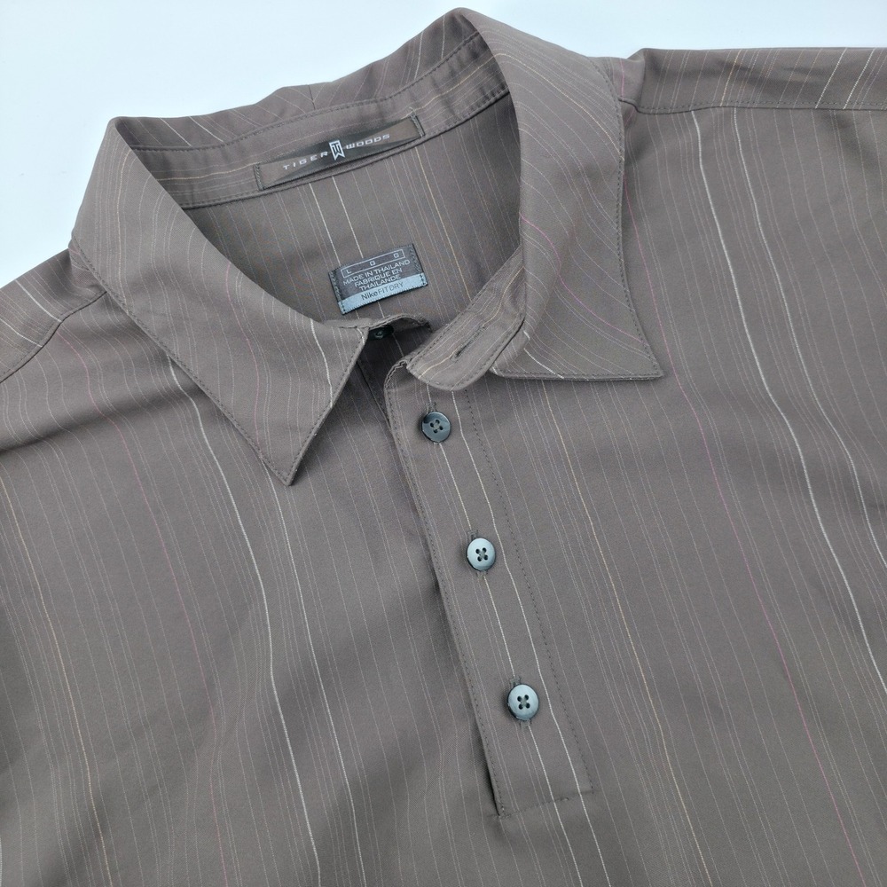Nike Tiger Woods Mens Large Brown Pinstripe Fit Dry Golf Polo Shirt TW Logo